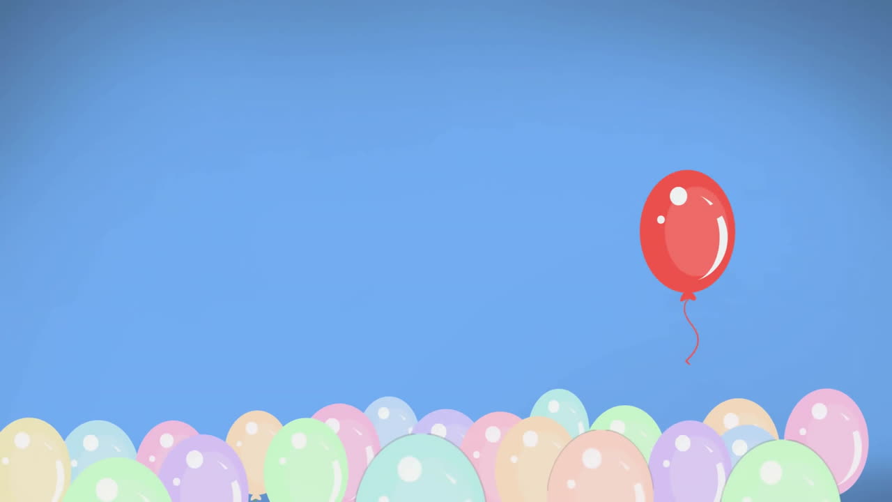 하늘을 향해 떠다니는 다채로운 풍선, 파란색 배경의 애니메이션