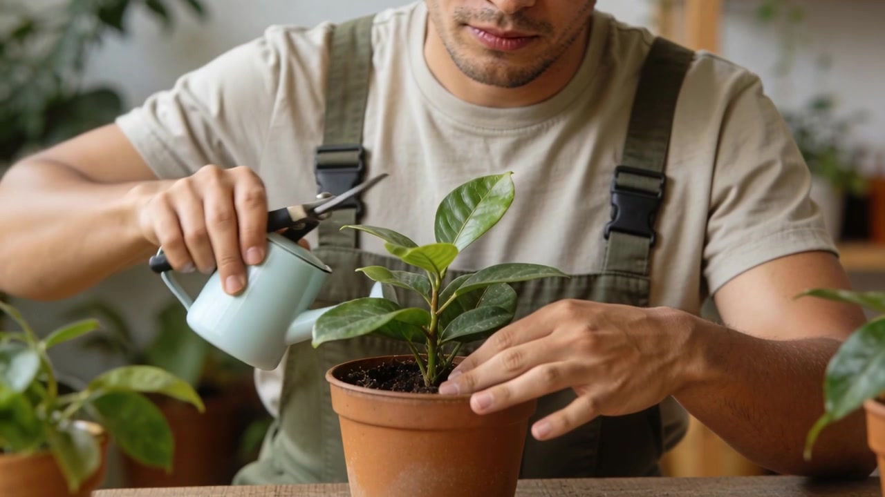 Homem de camiseta bege podando, com tesouras de poda de folhas, pressionando a terra da planta e usando um regador sobre a mesa.