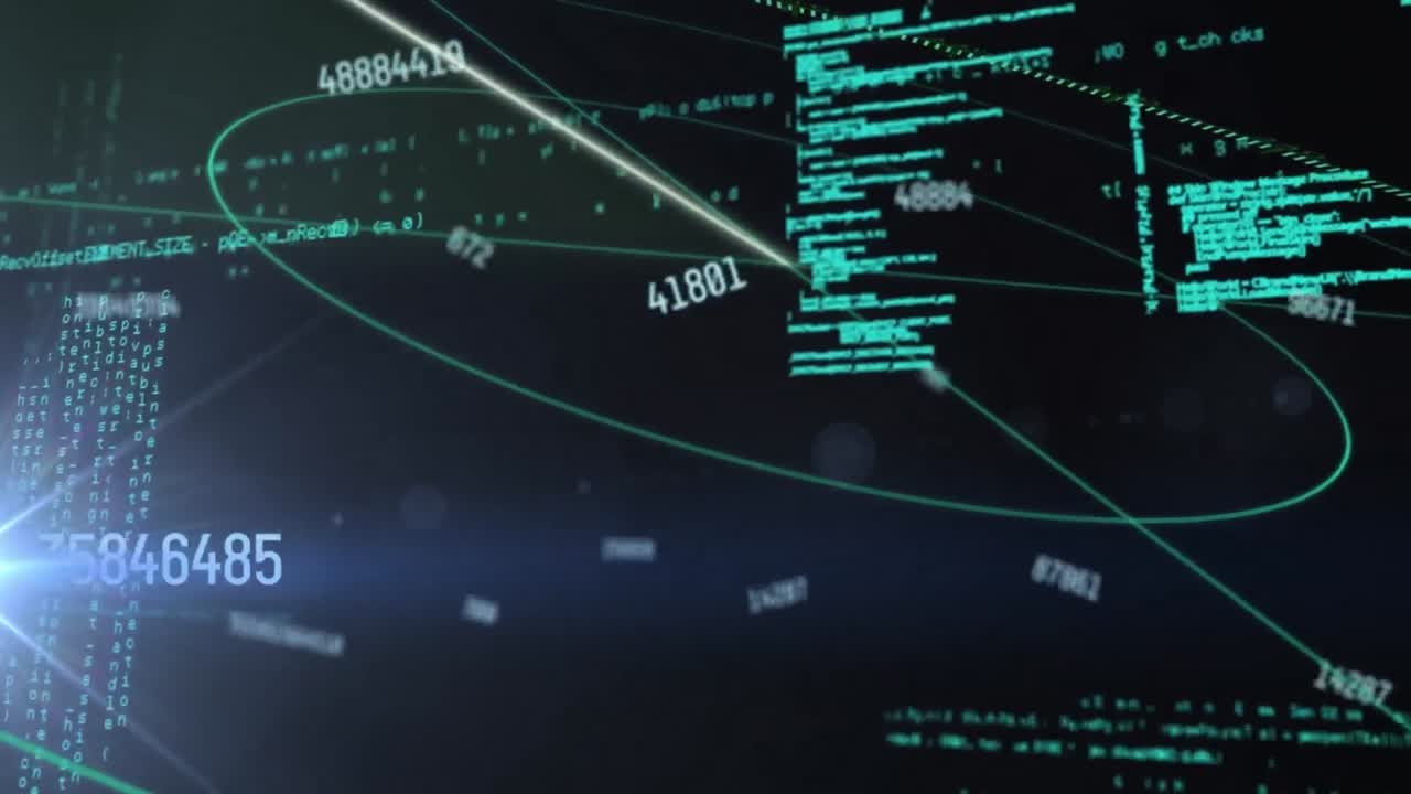 Animation of changing numbers, radar and computer language over black background