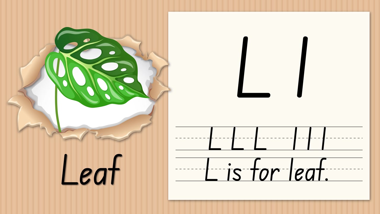 Animated handwriting exercise demonstrates writing the letter L alongside a vibrant green monstera leaf
