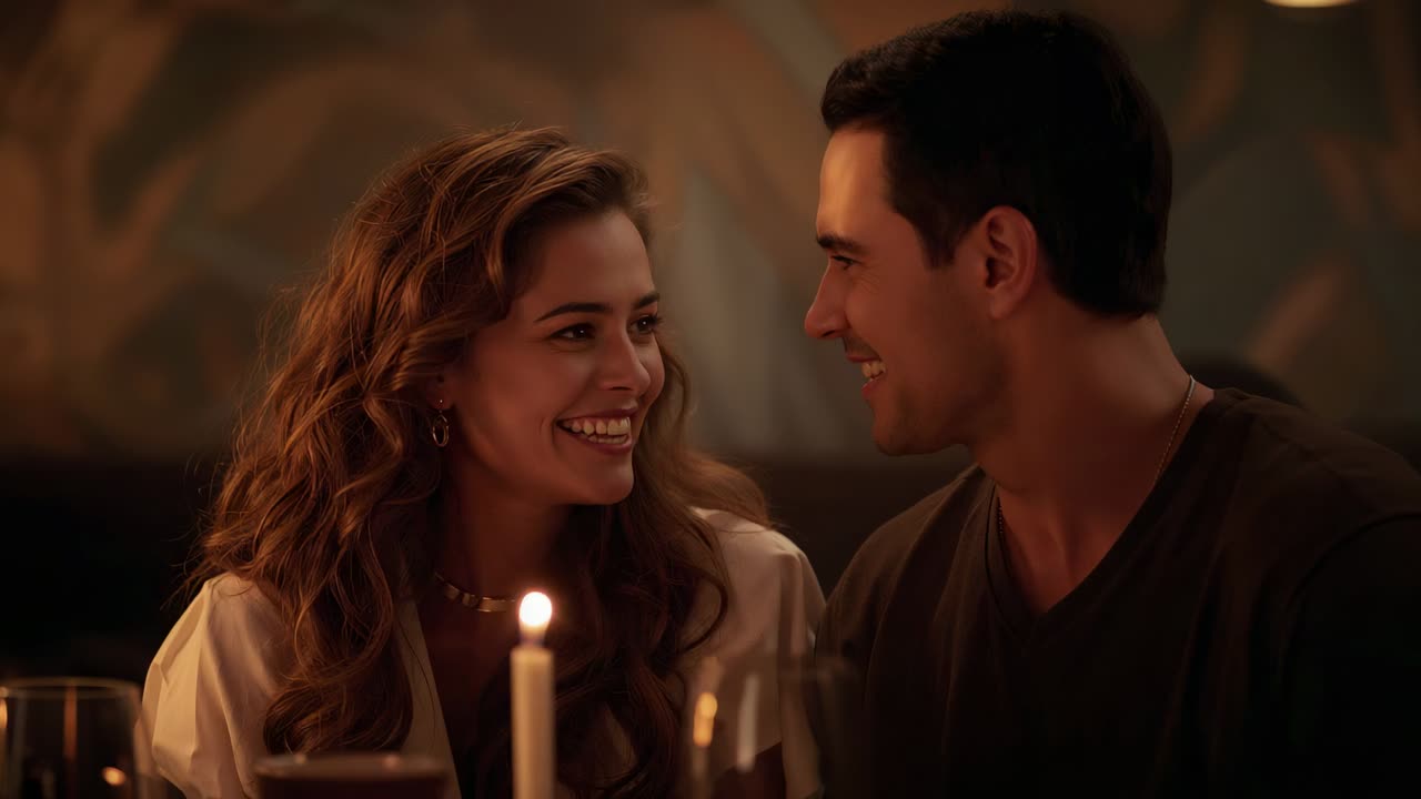 Leaning man whispering praise, woman smiling in booth, taper candle between wine glasses
