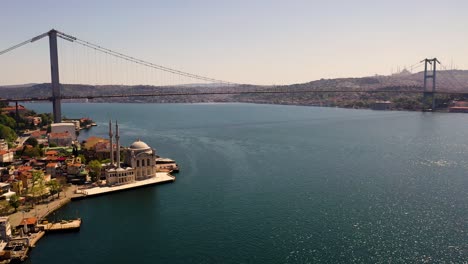 15 july martyrs bridge, bosphorus bridge from sky aerial view. istanbul turkiye.