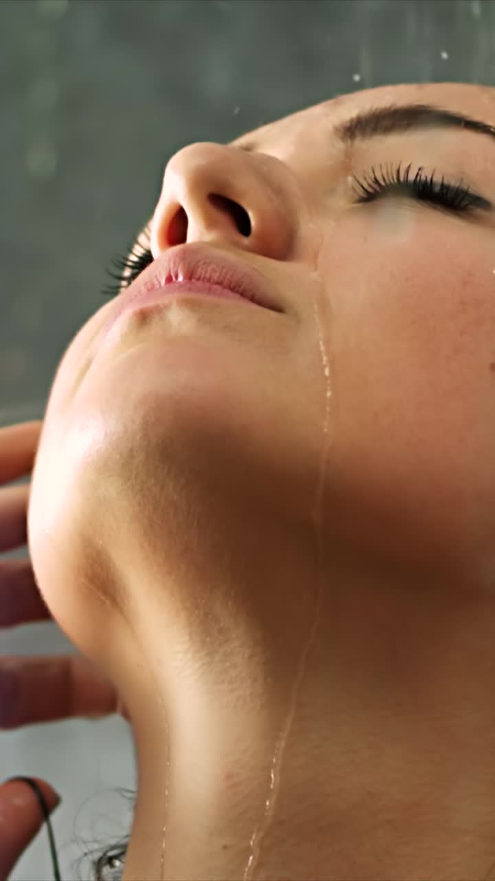 Closeup of woman’s face under falling water, eyes closed, hands touching face, serene and relaxed