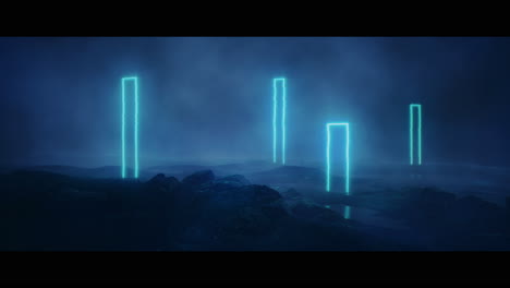 rocky landscape with huge blue light portal structures