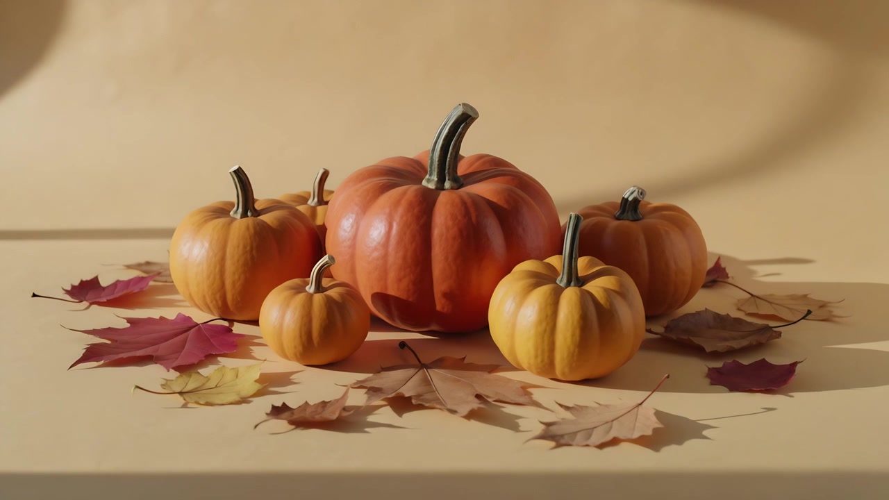 Moving camera pushing in on five pumpkins with dried leaves on beige paper, revealing texture