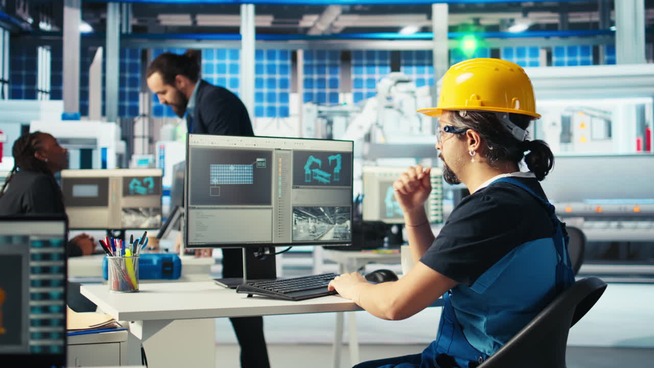 태양 전지 패널 제조 공장 기술자 pc에서 컨베이어 벨트를 설계