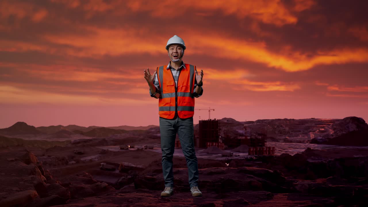 Construction Worker Expressing Surprise at Construction Site Sunset