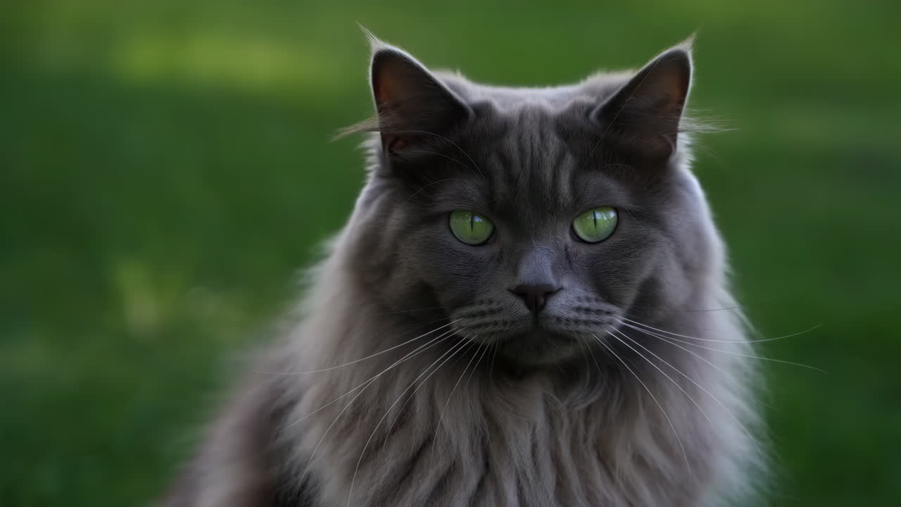 A furry cat in front of green background