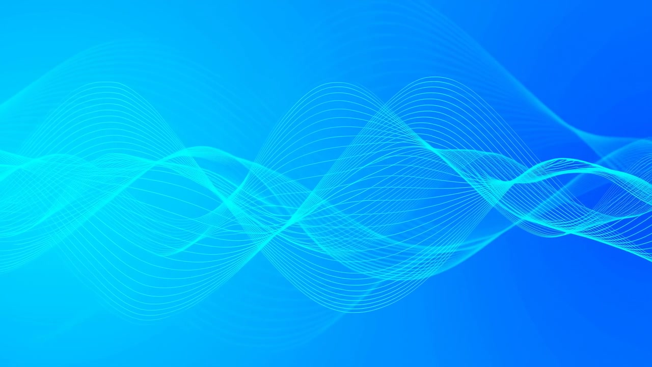 Layered cyan waveform lines cross over smooth blue gradient field, shifting in spacing and vertical position to form dense mesh zones, translucent overlaps, and calm modern motion energy
