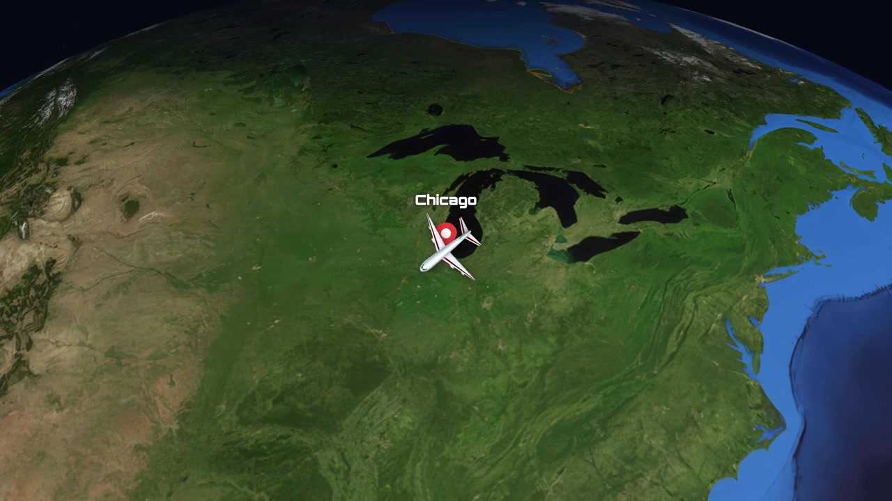 A commercial airplane icon flies across a 3D globe from Istanbul to Chicago