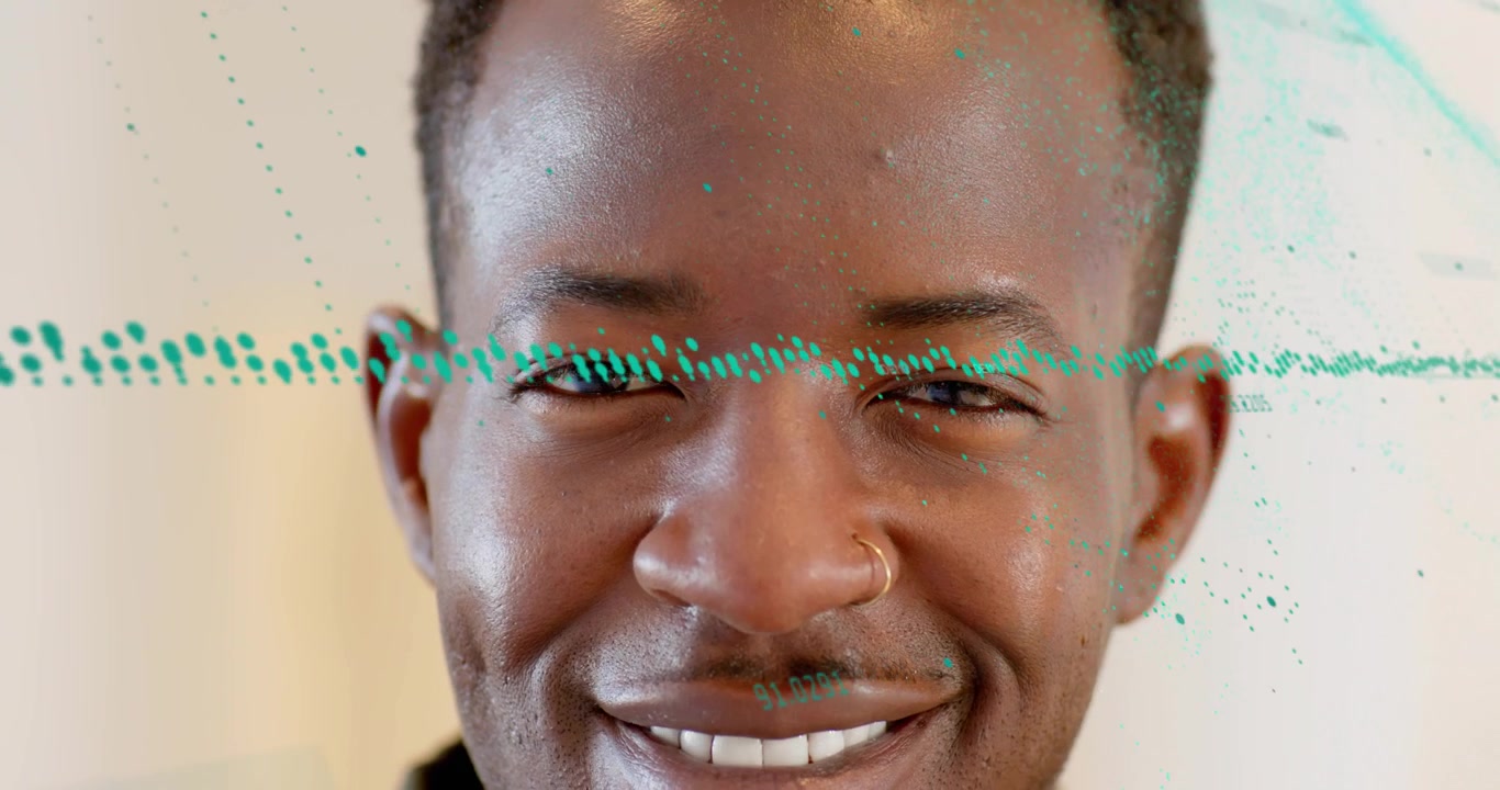 Man initiating AR scan with green data stream moving across face, shifting into smile for analysis