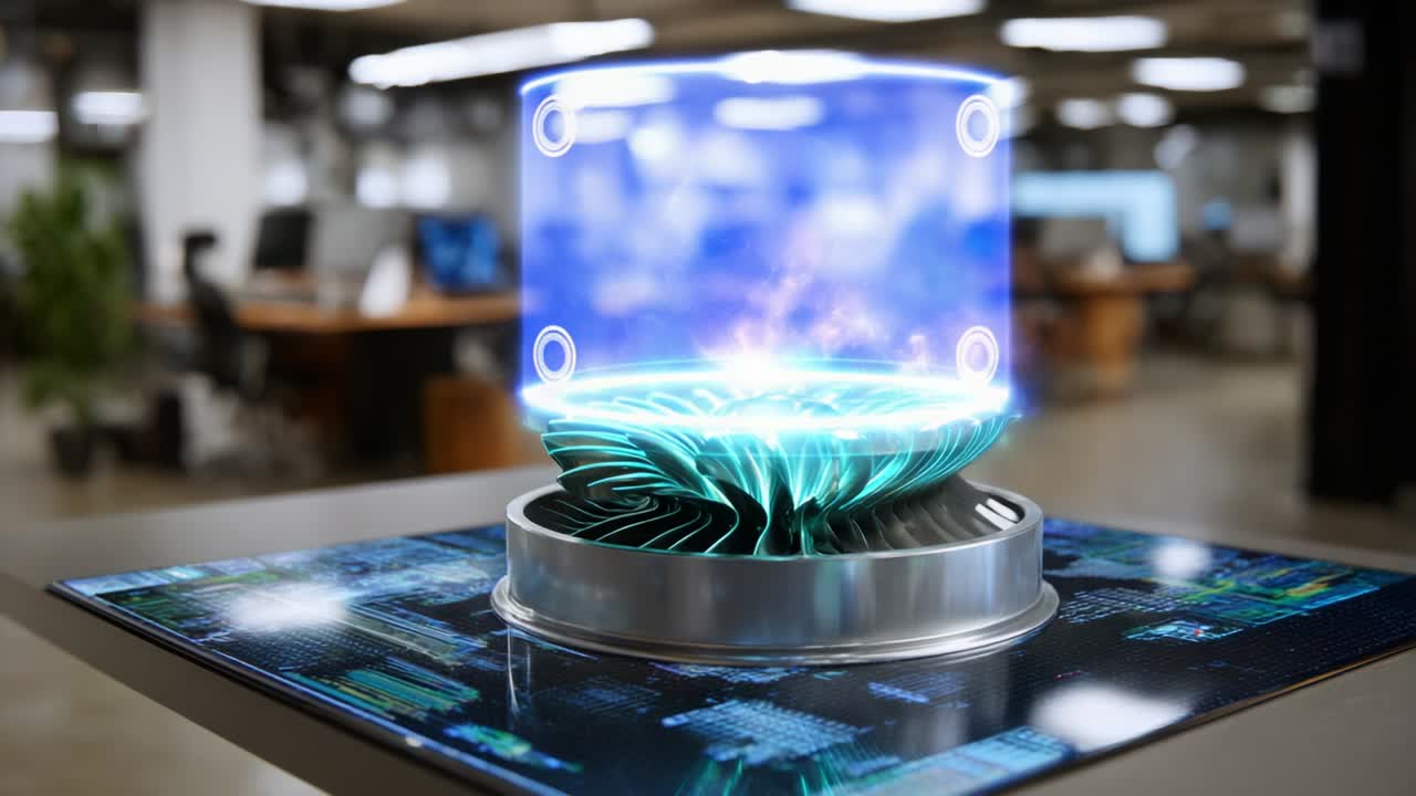 Futuristic Display of Holographic Technology in a Modern Workspace with an Interactive 3D Projection of a Mystical Object Surrounded by Sparkling Digital Effects and Vibrant Colors