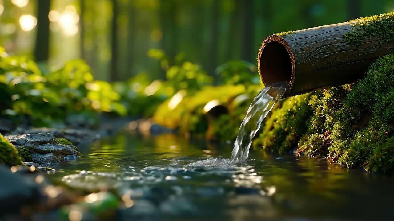 A stream of water flowing out of a pipe into a stream in the woods