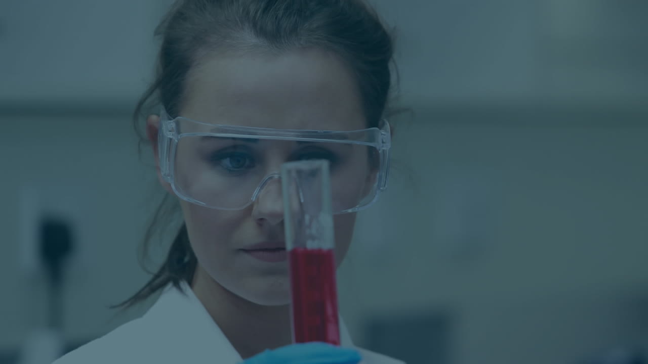 animación de moléculas sobre el científico caucásico en el laboratorio