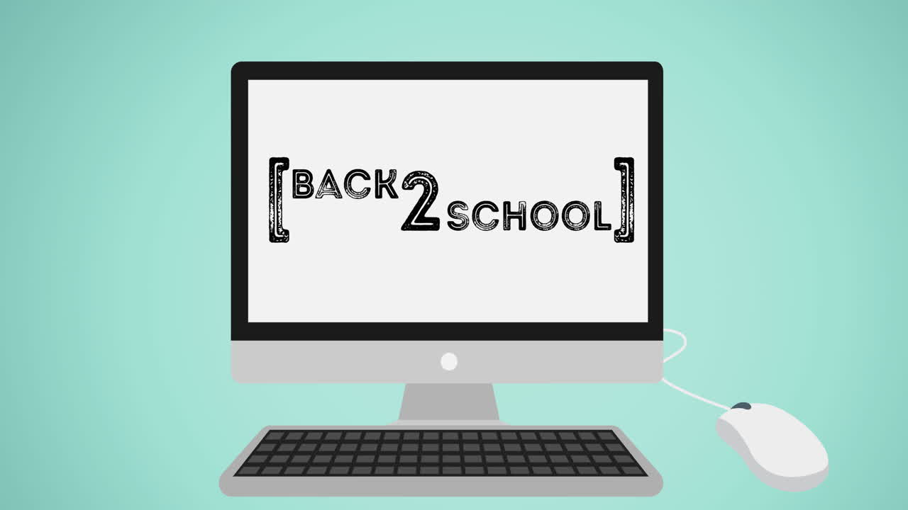 초록색 배경에 컴퓨터에서 학교로 돌아가는 텍스트의 애니메이션