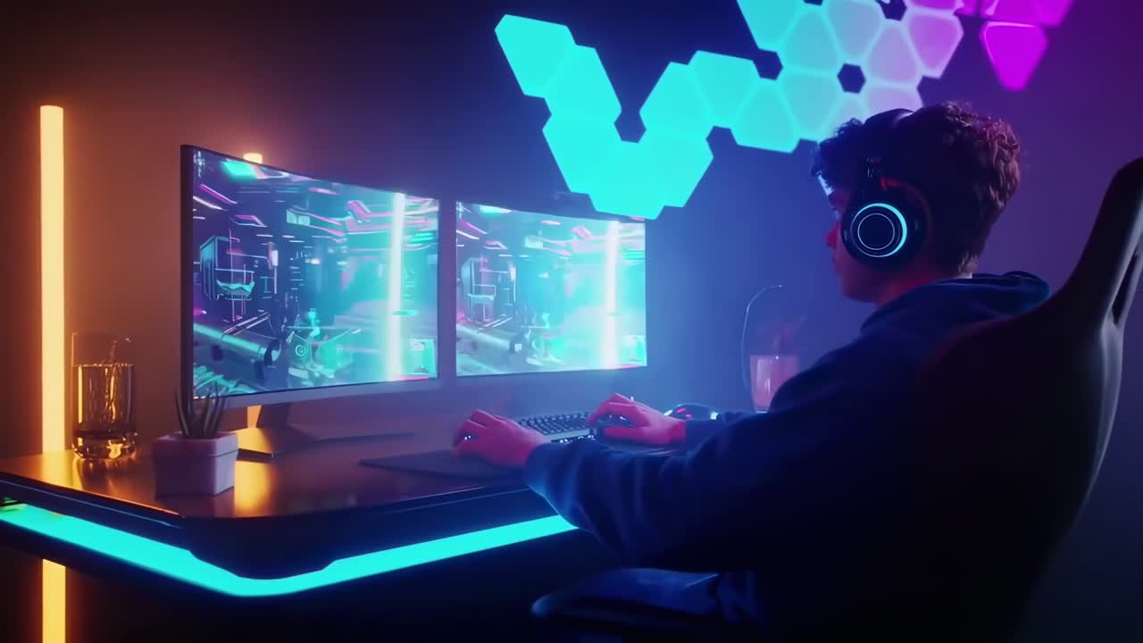 Over-the-shoulder view of a gamer playing video games, neon-lit room, futuristic style
