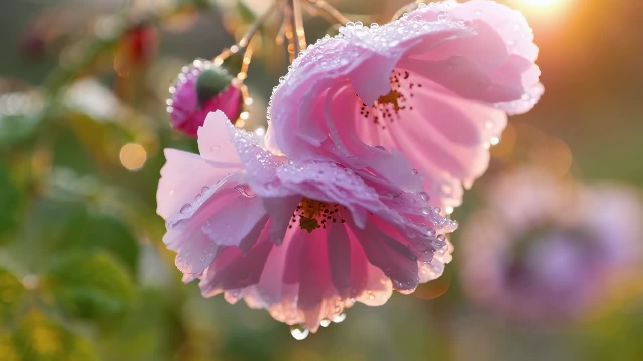 Angolazione video ravvicinata di fiori rosa rugiadosi nella morbida luce del mattino, che cattura la delicata bellezza, Live