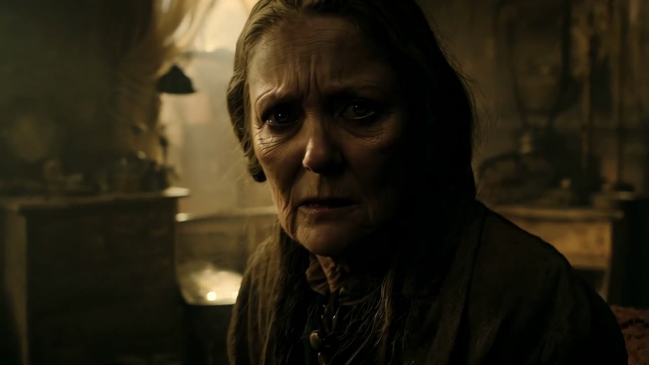 In a dimly lit room, a woman experiences a profoundly emotional moment as she faces a dramatic confrontation, filled with tension