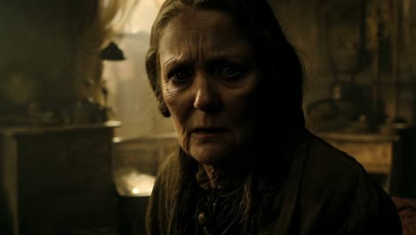 in a dimly lit room, a woman experiences a profoundly emotional moment as she faces a dramatic confrontation, filled with tension