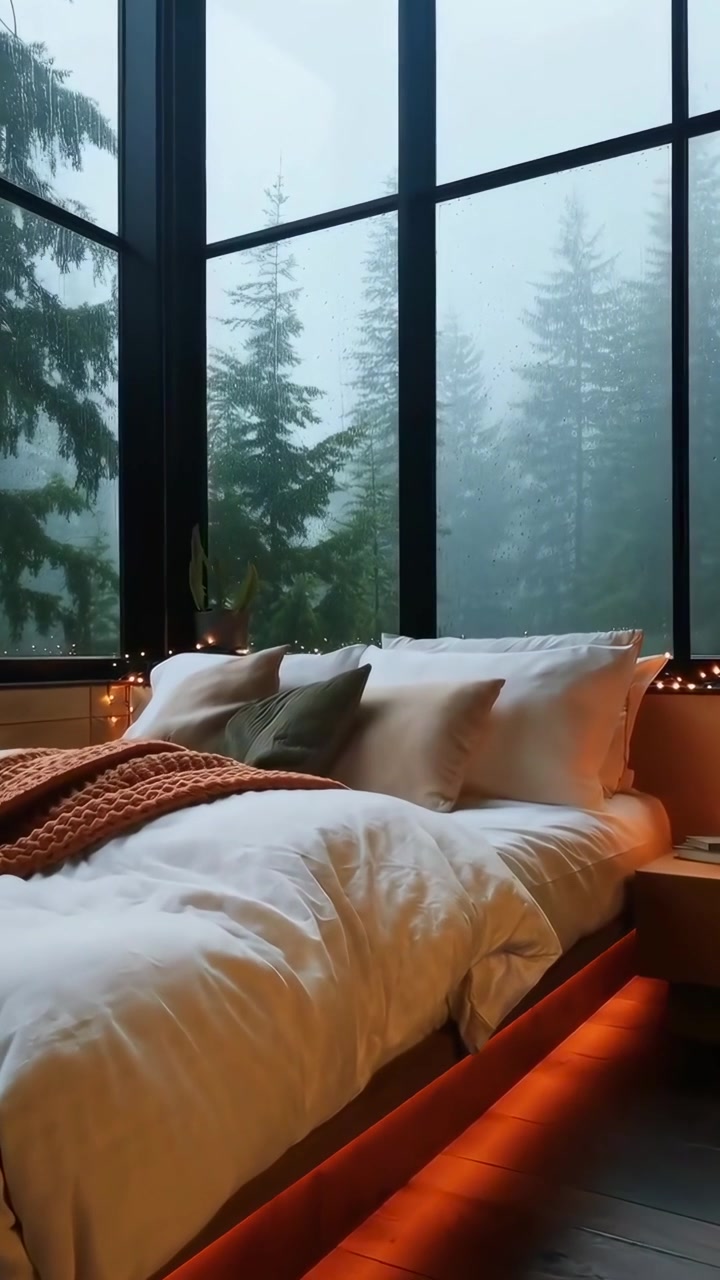 Camera da letto accogliente con grandi finestre che si affacciano su una foresta piovosa.