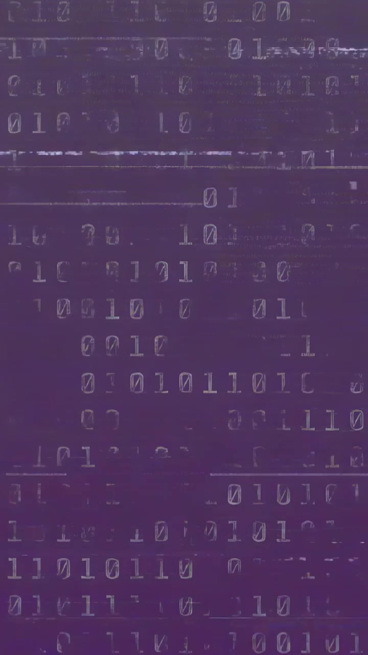 Glitching vertical frames displaying scattering of 0 and 1 over purple background, with scanlines