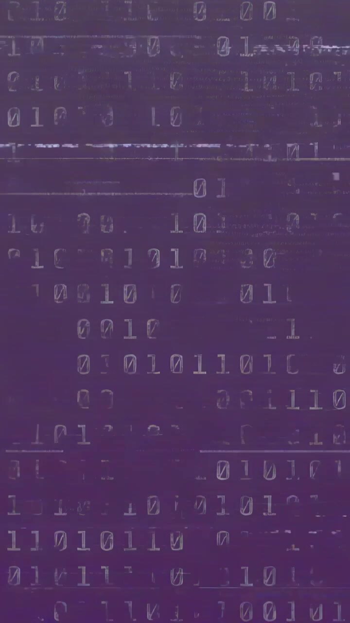 Glitching vertical frames displaying scattering of 0 and 1 over purple background, with scanlines