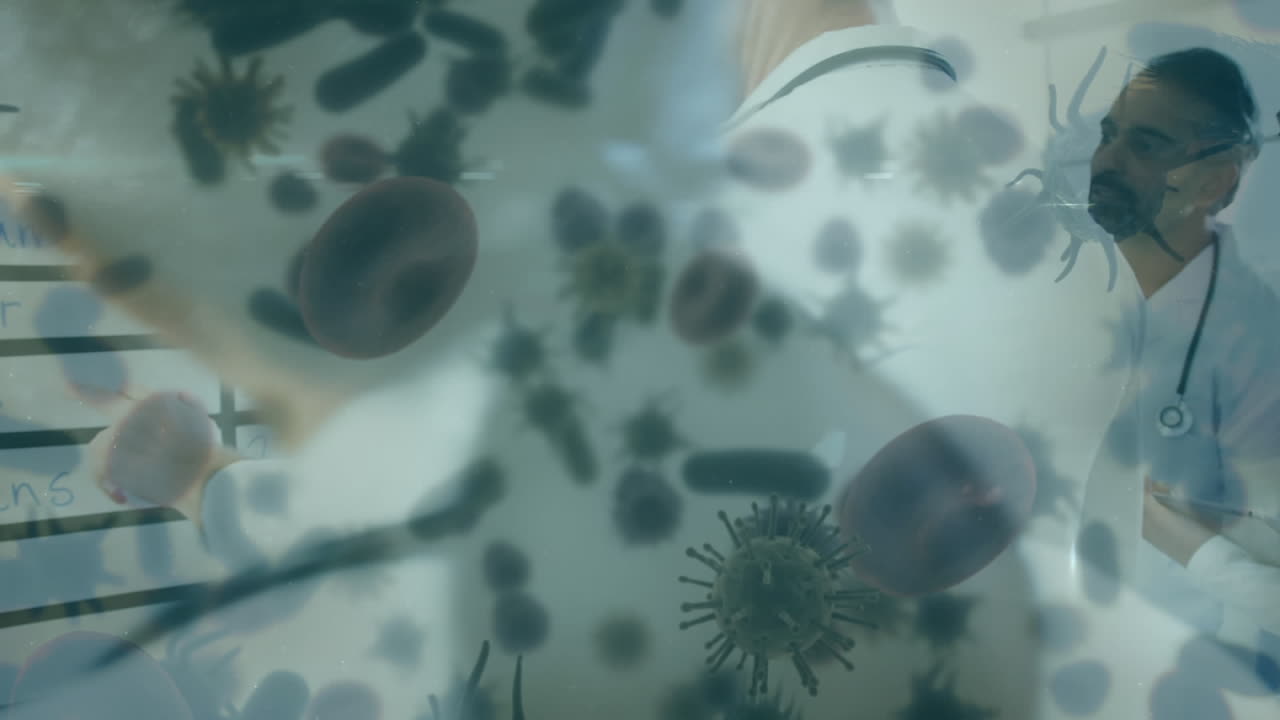 Covid-19 cells moving against team of doctors discussing