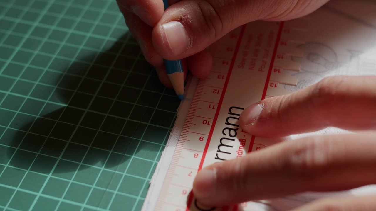 Measuring and marking fabric close up on a cutting board.