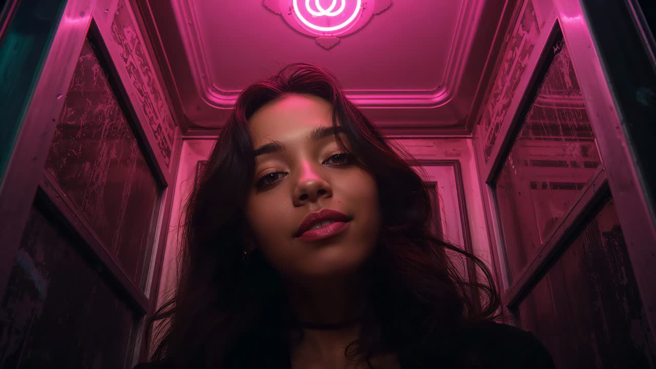 Posing woman making head shifts, holding gaze in neon booth as camera starting recording, choker