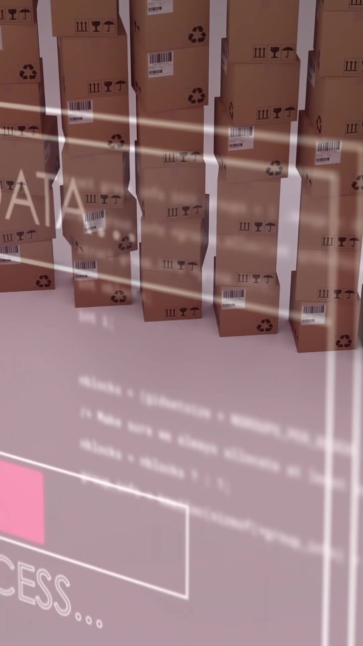 Animation of data processing over stack of cardboard boxes