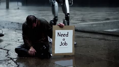 jobless man in a rain-soaked city with robots