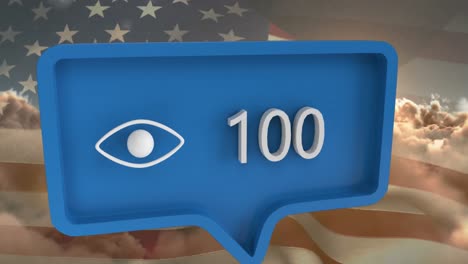 animación del icono del ojo con números en la burbuja de habla con la bandera de los estados unidos