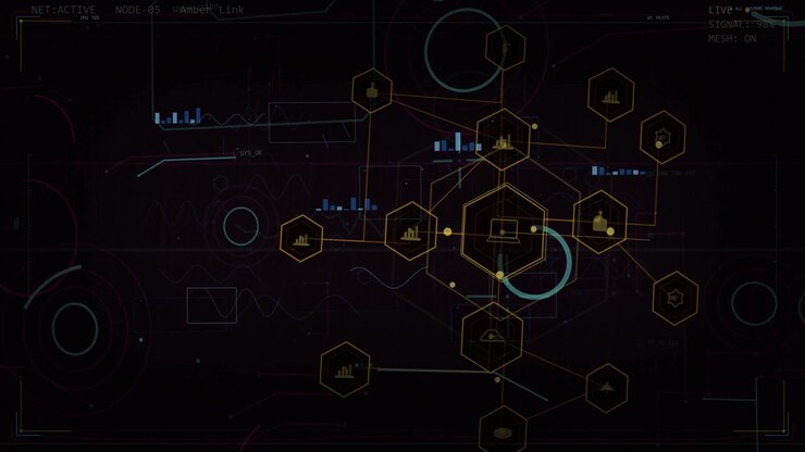 En svag puls initierer dannelsen af en HUD sekskantet hub, en cyan bue roterer, og markører pulserer for at visualisere flow.