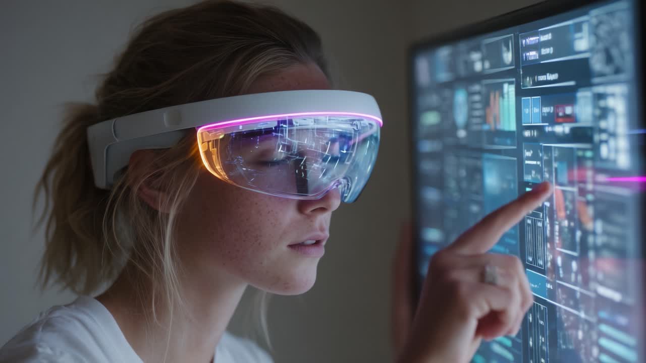 A focused individual using advanced augmented reality glasses to interact with a digital screen, showcasing the future of technology and human-computer interaction