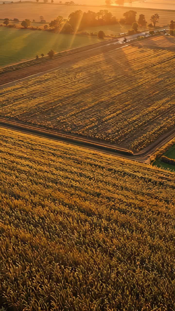 Vertical video: Sun rising initiating camera panning over crop field revealing rows, road, pastures