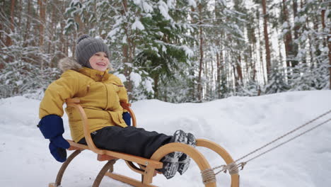 cute toddler is riding sledge in winter forest having fun and joy during family walk in nature