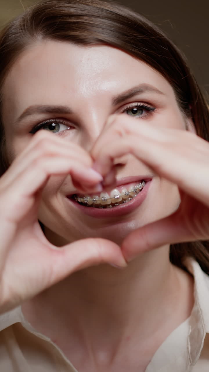 Woman with braces making a heart shape with her hands