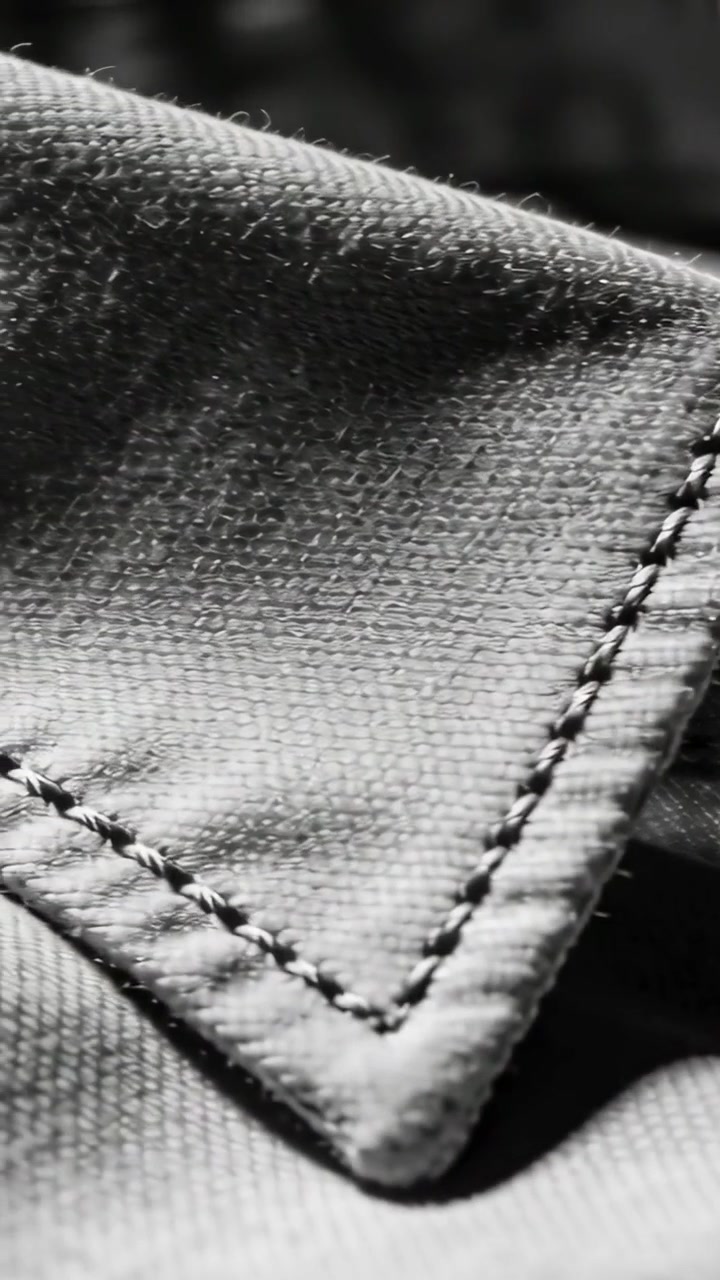 Vertical video: Zooming camera capturing seam on triangular flap at garment, studying weave, button