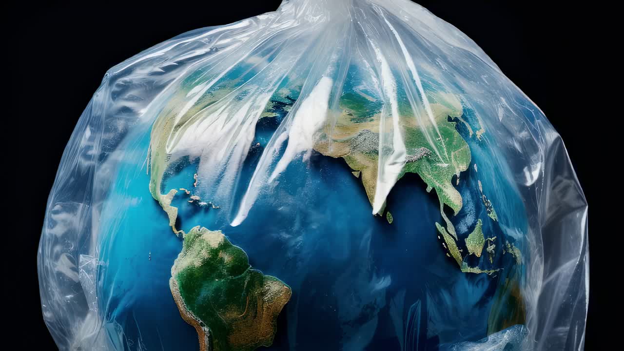 Earth globe encased in a plastic bag, highlighting the urgent issue of environmental pollution and plastic waste posing a serious threat to the planet against a dark background