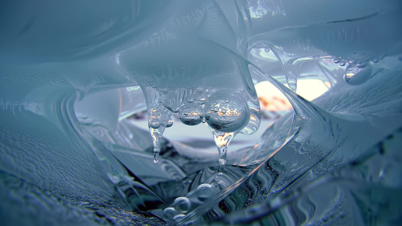 Beautiful Close-Up of Ice Formation with Water Droplets, Capturing the Intricate Details of Frozen Surfaces and the Unique Light Reflections Beneath the Ice Layer