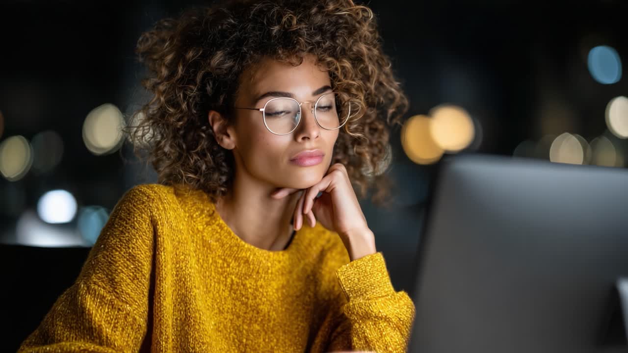 Contemplative Evening: A Young Woman with Curly Hair and Glasses Engrossed in Thought While Working on Her Laptop in a Cozy, Dimly Lit Space