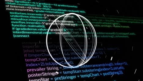 Animation of moving circles over computer language against black background