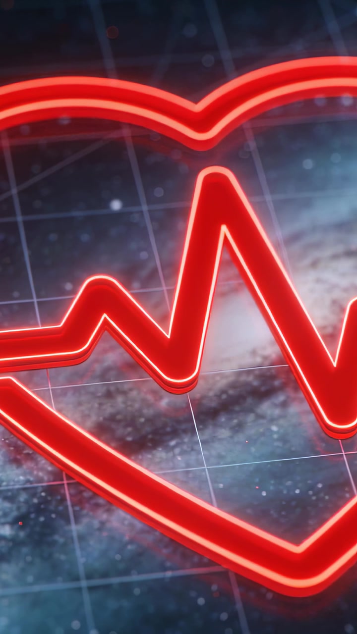 Video verticale: Inizio del loop, tubo a forma di cuore al neon rosso con ECG che pulsa su una griglia, stelle nell'HUD come impulso.