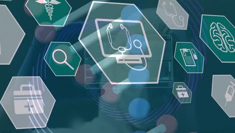 animación de iconos médicos con globo, cadena de adn y procesamiento de datos