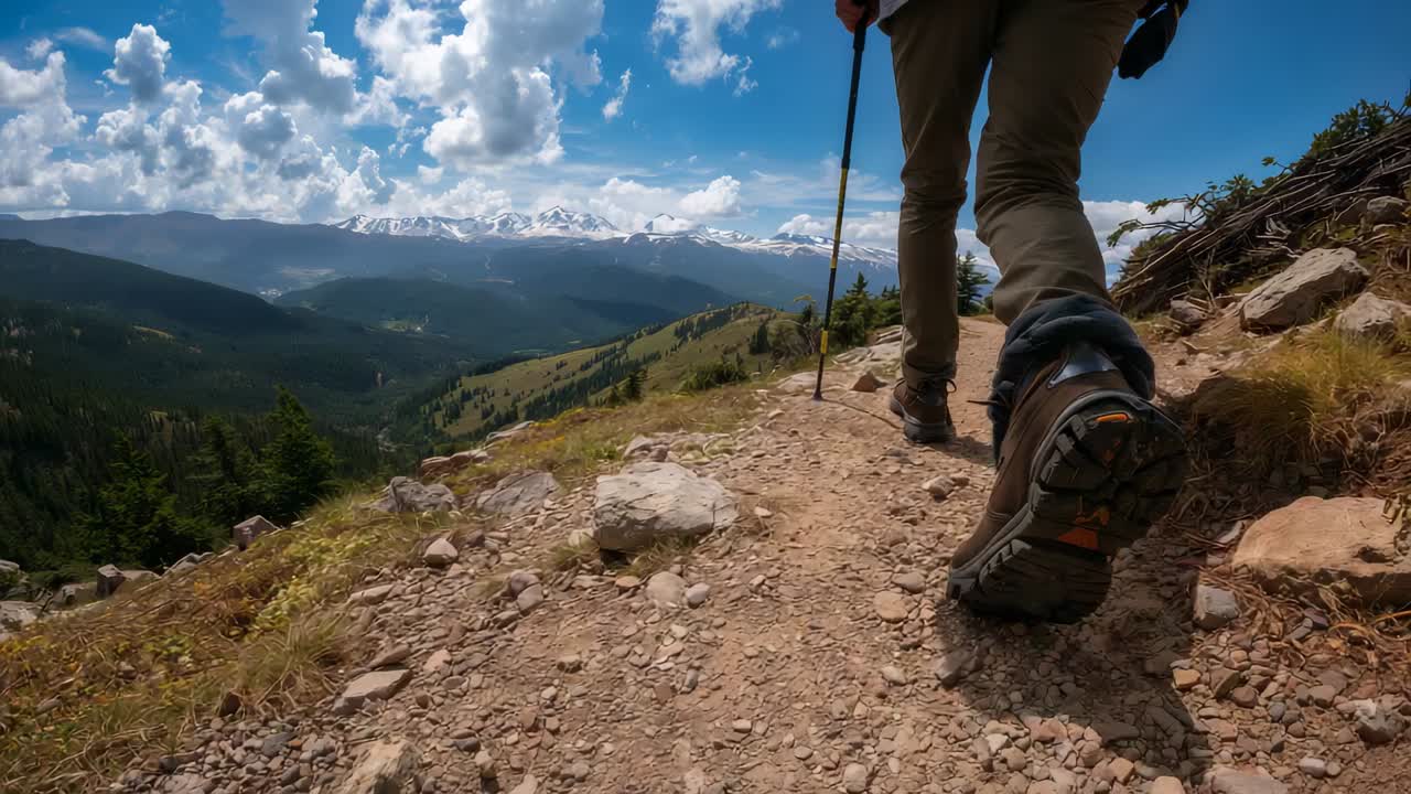 Hiker's legs with boots and poles stepping onto rocky ridge path and climbing, seeking valley view
