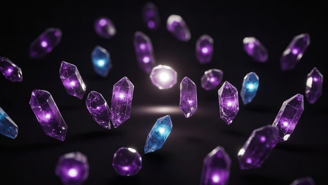 A Stunning Display of Floating Crystals Shimmering in Vivid Colors, Featuring a Mix of Purple and Blue Gems Captured in Ethereal Light