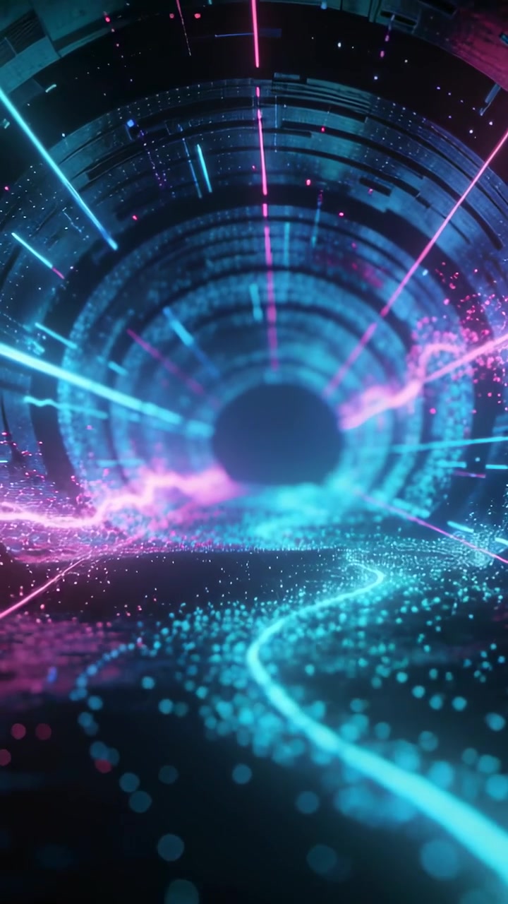 Vertical video: Pulsing tunnel drawing particles into core for travel, cyan and magenta neon