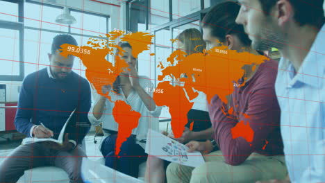 discussing business strategy, diverse team with world map animation in office