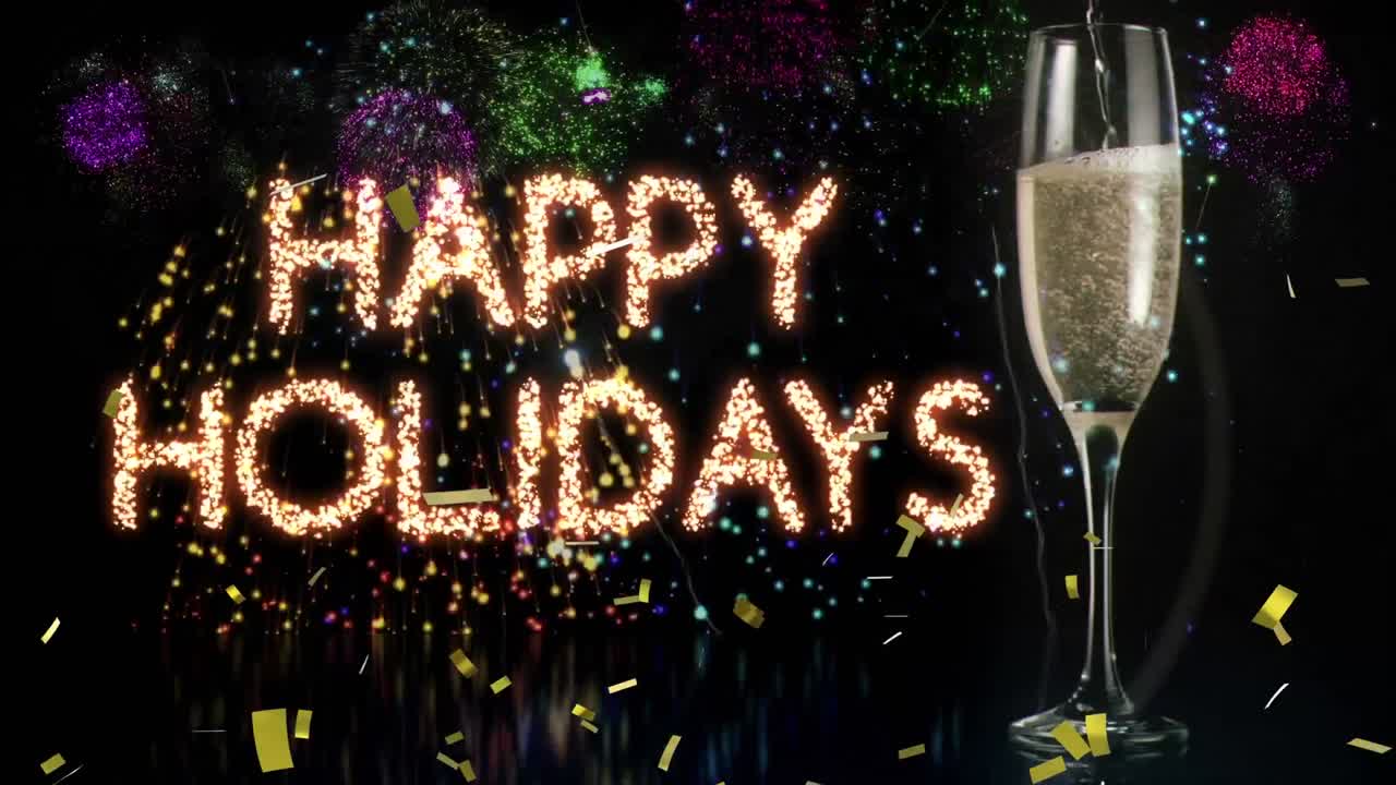 Animation af nytårshilsen over konfetti, champagneglas og fyrværkeri