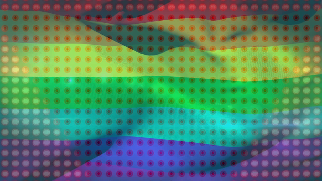 Animation of colored dots and horinzontal lines moving on LGBTQ+ flag background 